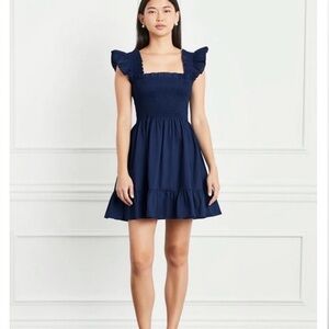 Hill House Smocked Square-Neck Ruffle Mini Dress in Navy in size Small